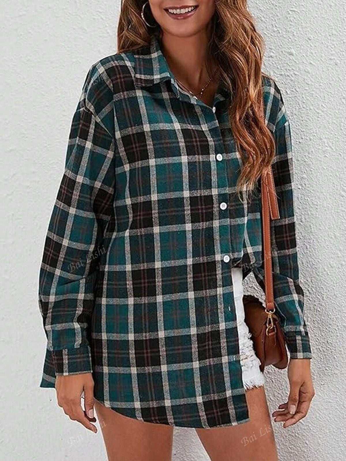 Women's Casual Commuting Plaid Shirt Long Sleeved Shoulder Down Lapel Button Up Shirt Top Suitable For Spring, Autumn, Winter