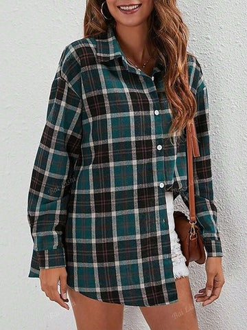 Women's Casual Commuting Plaid Shirt Long Sleeved Shoulder Down Lapel Button Up Shirt Top Suitable For Spring, Autumn, Winter