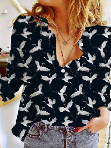 Women's Casual Crane Allover Print Long Sleeve Shirt