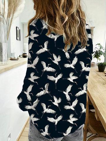 Women's Casual Crane Allover Print Long Sleeve Shirt