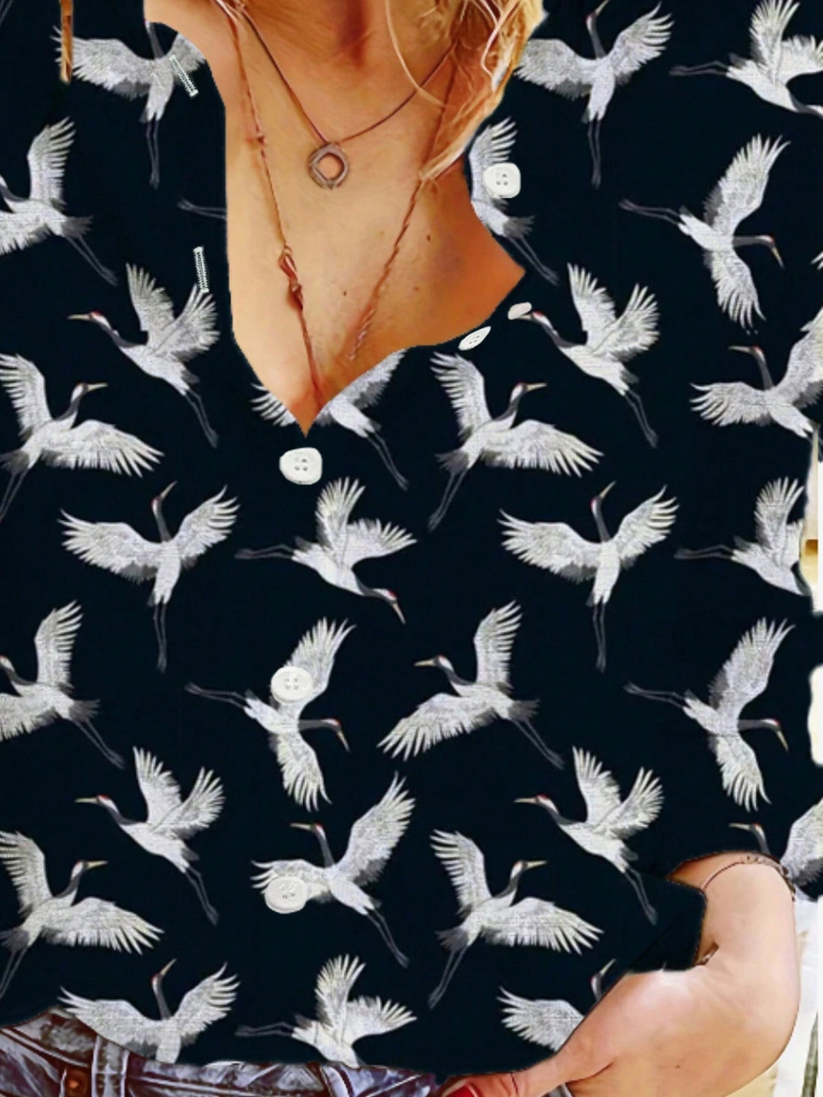 Women's Casual Crane Allover Print Long Sleeve Shirt