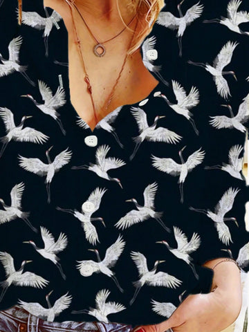 Women's Casual Crane Allover Print Long Sleeve Shirt