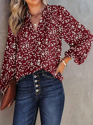 Women's Casual Ditsy Floral Print Lapel Lantern Sleeve Shirt For Autumn