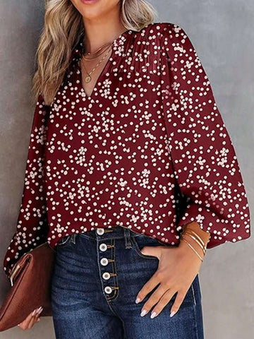 Women's Casual Ditsy Floral Print Lapel Lantern Sleeve Shirt For Autumn