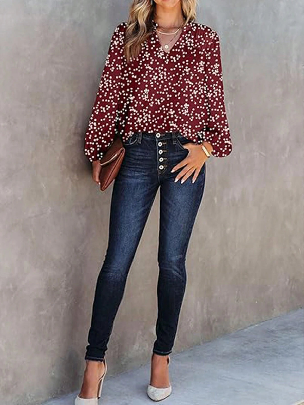 Women's Casual Ditsy Floral Print Lapel Lantern Sleeve Shirt For Autumn