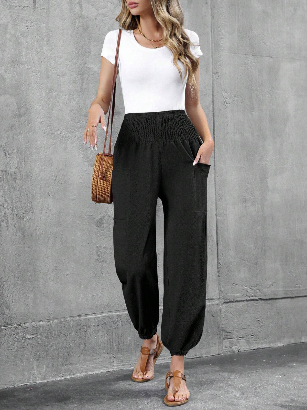 Women's Casual Elastic Waist Nine-Point Pants Double Pocket Harem Pants