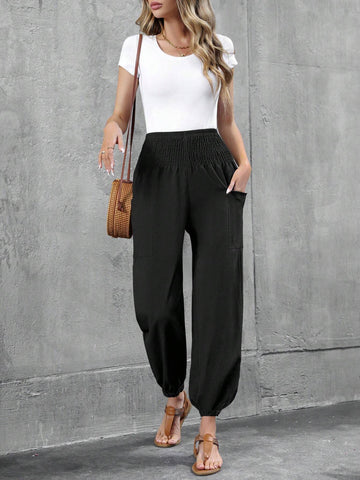 Women's Casual Elastic Waist Nine-Point Pants Double Pocket Harem Pants
