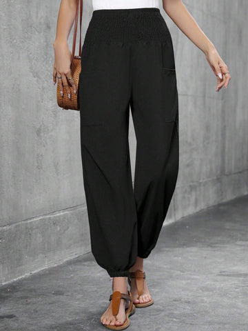 Women's Casual Elastic Waist Nine-Point Pants Double Pocket Harem Pants