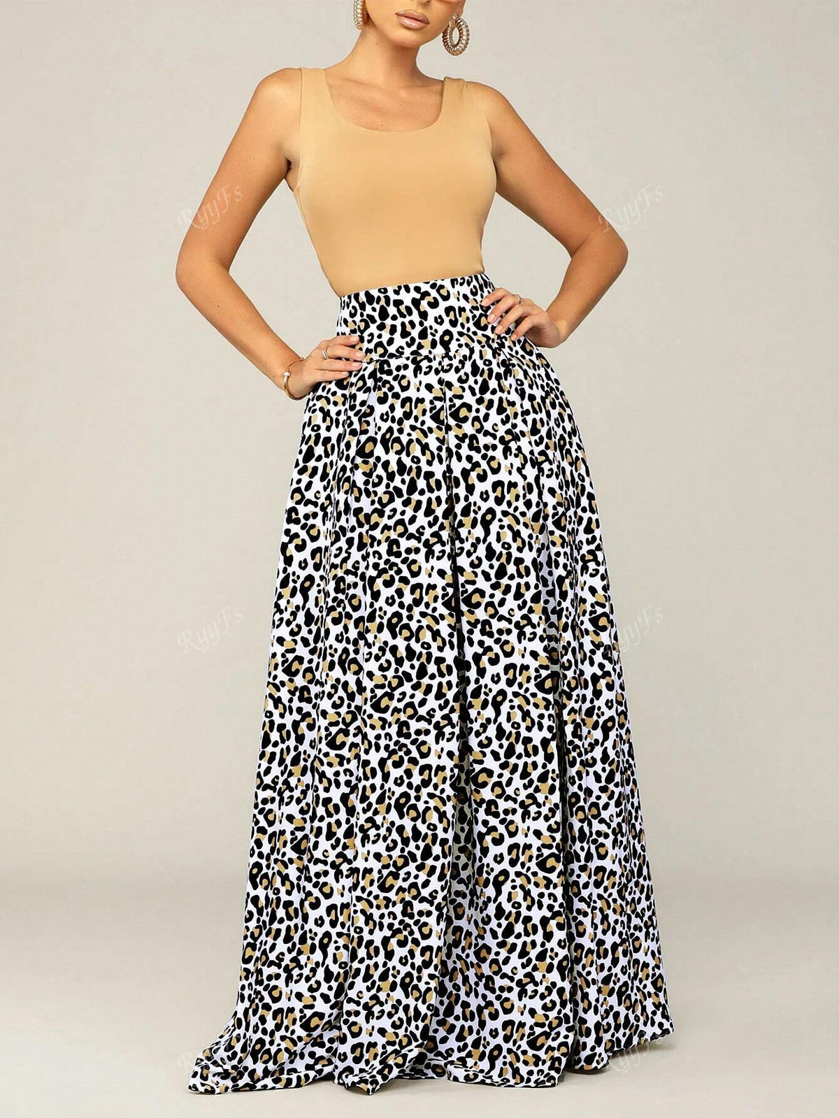Women's Casual Elegant Leopard Print Drawstring Waist Flared Maxi Dress