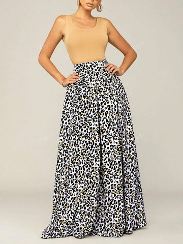 Women's Casual Elegant Leopard Print Drawstring Waist Flared Maxi Dress