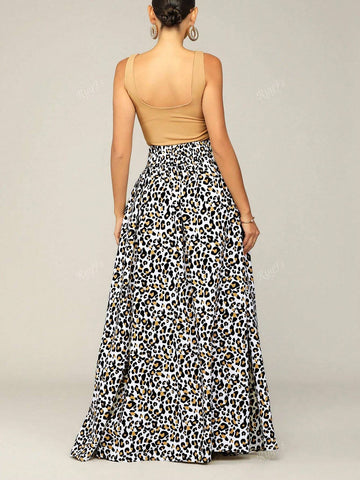 Women's Casual Elegant Leopard Print Drawstring Waist Flared Maxi Dress