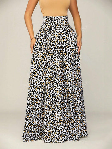 Women's Casual Elegant Leopard Print Drawstring Waist Flared Maxi Dress