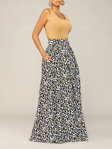 Women's Casual Elegant Leopard Print Drawstring Waist Flared Maxi Dress
