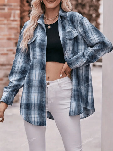 Women's Casual Everyday Button-Up Loose Drop Shoulder Plaid Shirt, Blue, Autumn