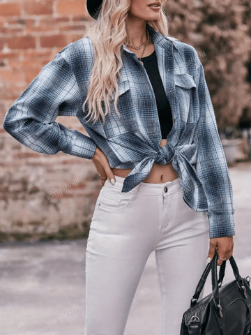 Women's Casual Everyday Button-Up Loose Drop Shoulder Plaid Shirt, Blue, Autumn