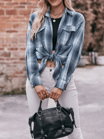 Women's Casual Everyday Button-Up Loose Drop Shoulder Plaid Shirt, Blue, Autumn