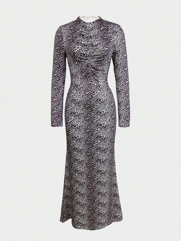 Women's Casual Fashion Animal Print Ruffled Mock Neck Bodycon Long Sleeve Fishtail Dress