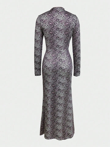 Women's Casual Fashion Animal Print Ruffled Mock Neck Bodycon Long Sleeve Fishtail Dress