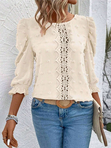 Women's Casual Fashion Lace Patchwork 3/4 Sleeve Round Neck Blouse