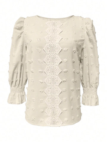 Women's Casual Fashion Lace Patchwork 3/4 Sleeve Round Neck Blouse