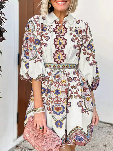 Women's Casual Fashion Sexy Half Sleeve Lapel V Neck Printed Button Party Short Dress