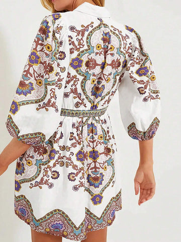 Women's Casual Fashion Sexy Half Sleeve Lapel V Neck Printed Button Party Short Dress