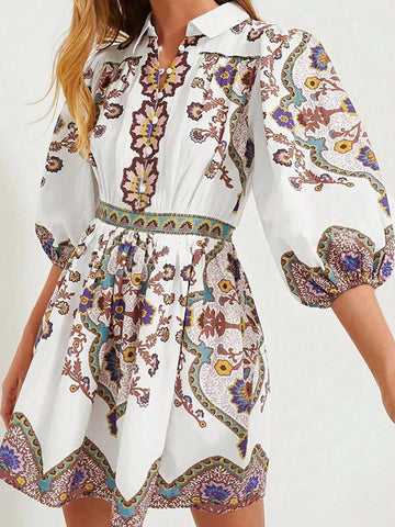 Women's Casual Fashion Sexy Half Sleeve Lapel V Neck Printed Button Party Short Dress