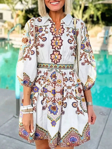 Women's Casual Fashion Sexy Half Sleeve Lapel V Neck Printed Button Party Short Dress