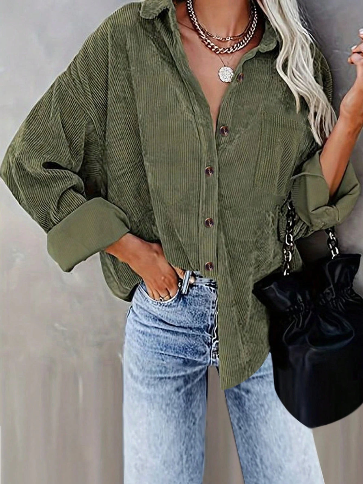 Women's Casual Fitted Solid Color Button-Up Long Sleeve Shacket