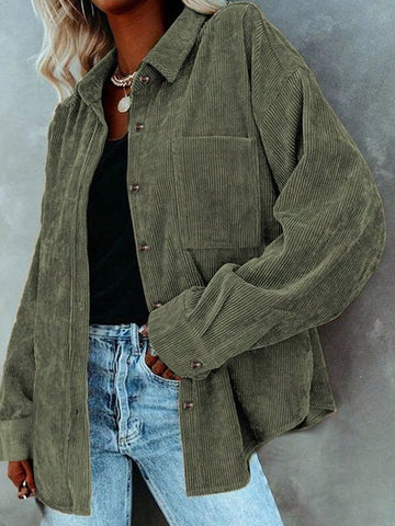 Women's Casual Fitted Solid Color Button-Up Long Sleeve Shacket