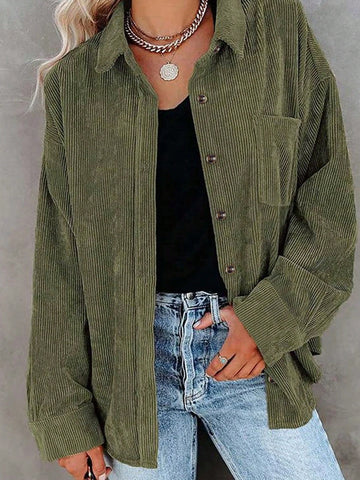 Women's Casual Fitted Solid Color Button-Up Long Sleeve Shacket
