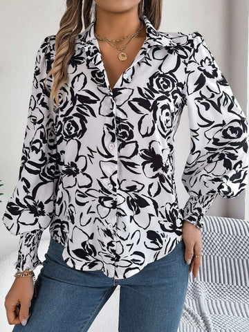 Women's Casual Floral Print Lantern Sleeve Loose Blouse, Spring/Autumn