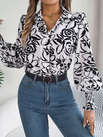 Women's Casual Floral Print Lantern Sleeve Loose Blouse, Spring/Autumn
