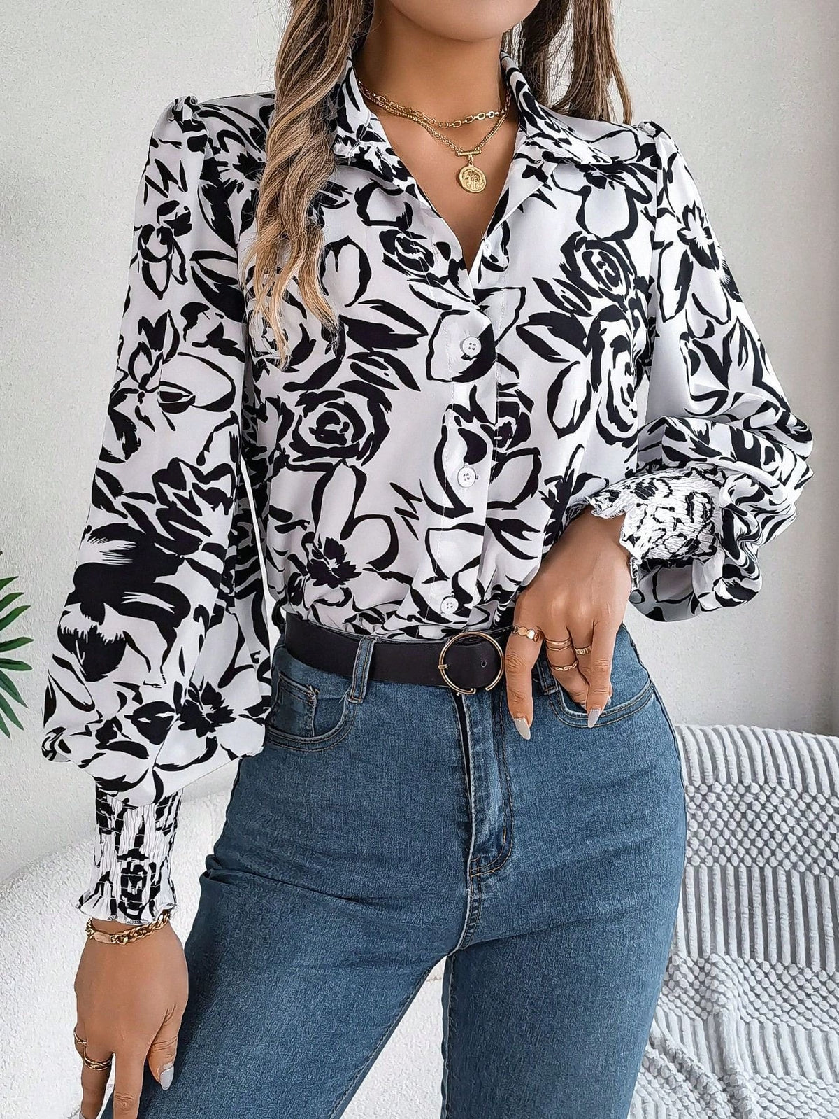 Women's Casual Floral Print Lantern Sleeve Loose Blouse, Spring/Autumn