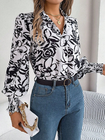 Women's Casual Floral Print Lantern Sleeve Loose Blouse, Spring/Autumn
