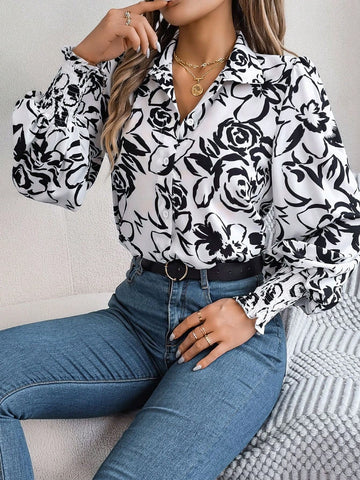Women's Casual Floral Print Lantern Sleeve Loose Blouse, Spring/Autumn