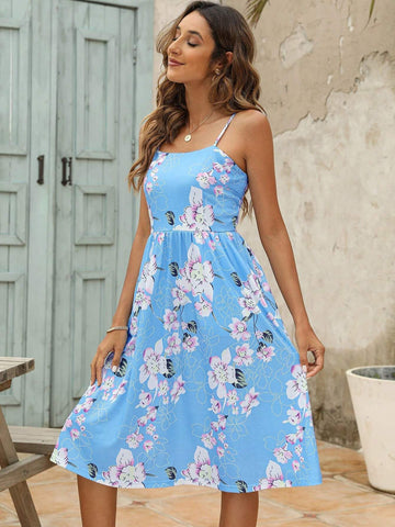Women's Casual Floral Printed Strappy Summer Vacation Dress