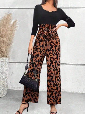 Women's Casual Full Print Elastic Waist Flared Leg Pants With Ruffle Hem, Spring/Autumn