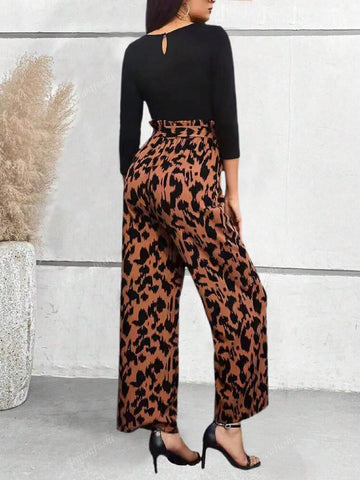 Women's Casual Full Print Elastic Waist Flared Leg Pants With Ruffle Hem, Spring/Autumn