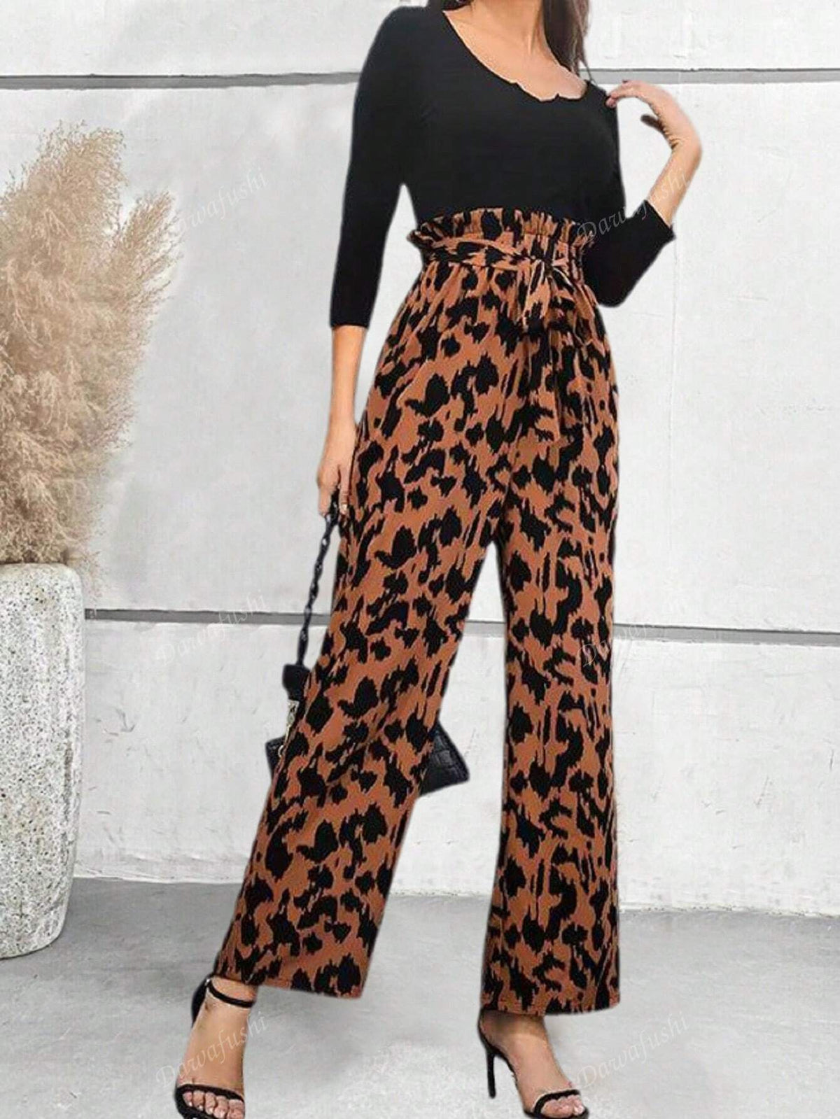 Women's Casual Full Print Elastic Waist Flared Leg Pants With Ruffle Hem, Spring/Autumn