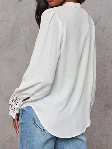 Women's Casual Lace Splice Notch Neck Loose Blouse, Autumn