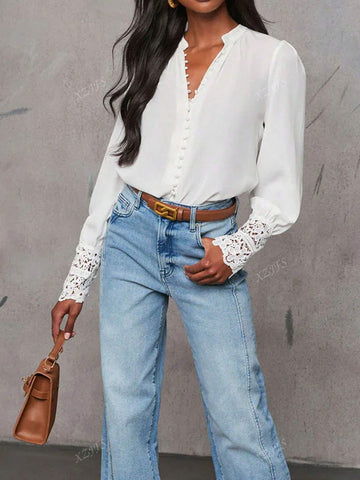 Women's Casual Lace Splice Notch Neck Loose Blouse, Autumn
