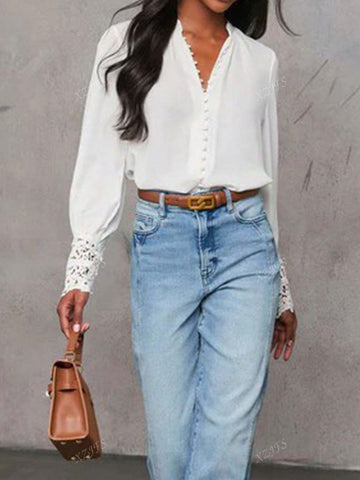 Women's Casual Lace Splice Notch Neck Loose Blouse, Autumn