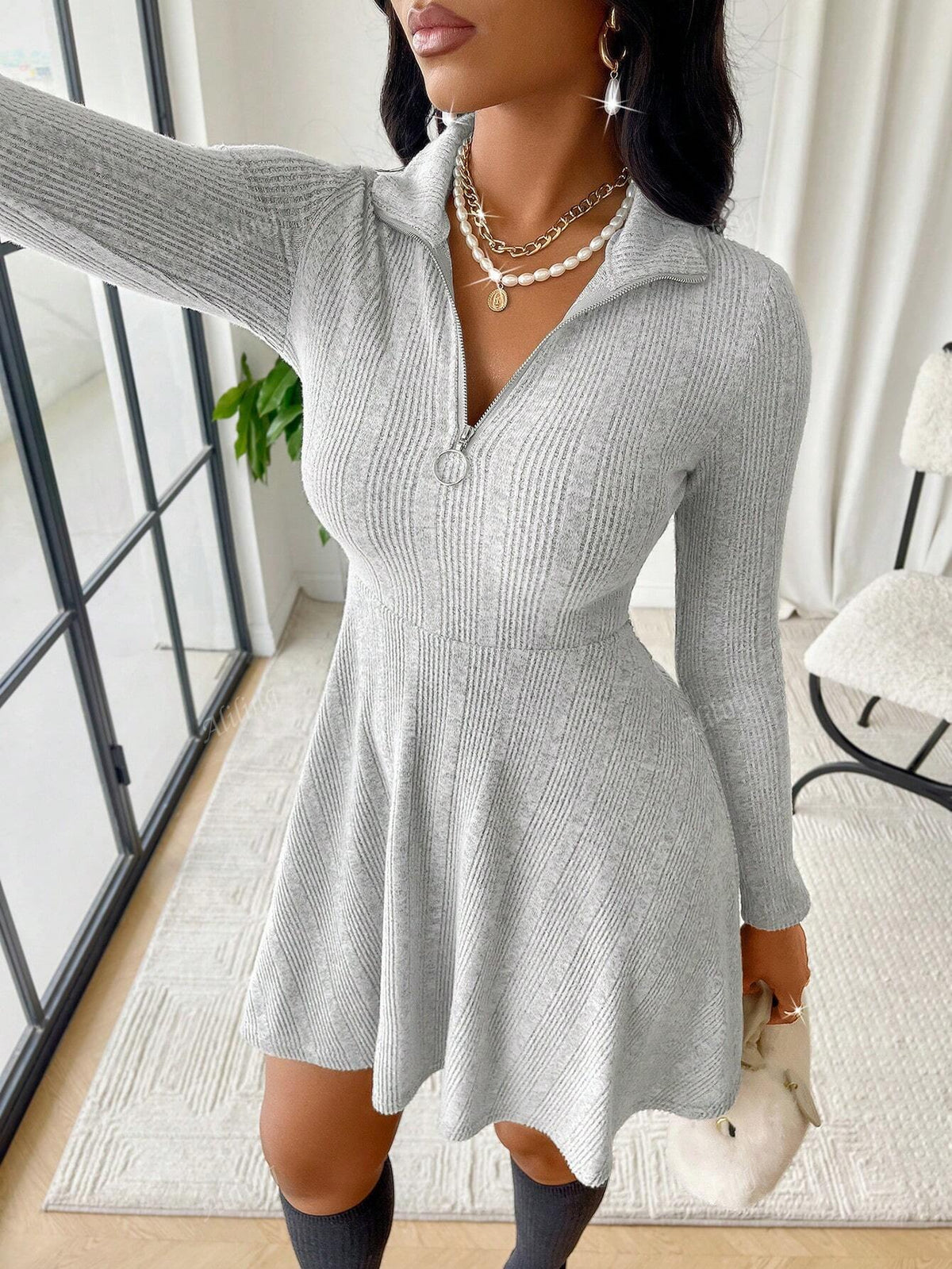 Women's Casual Lapel Zipper Details Textured Fabric A-Line Dress
