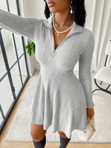 Women's Casual Lapel Zipper Details Textured Fabric A-Line Dress
