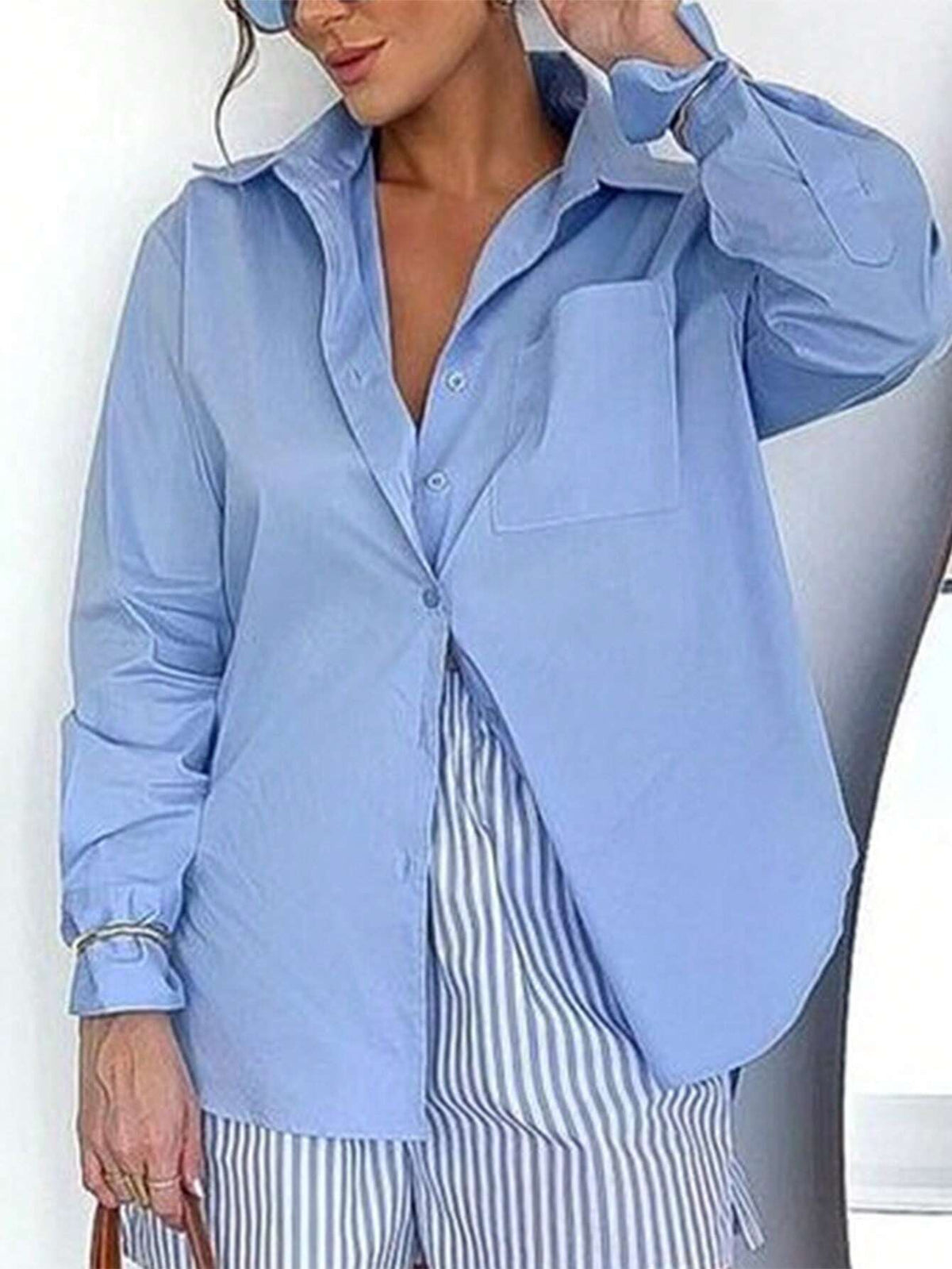 Casual Long Sleeve Button-Down Shirt With Pockets, Stylish For Spring & Summer