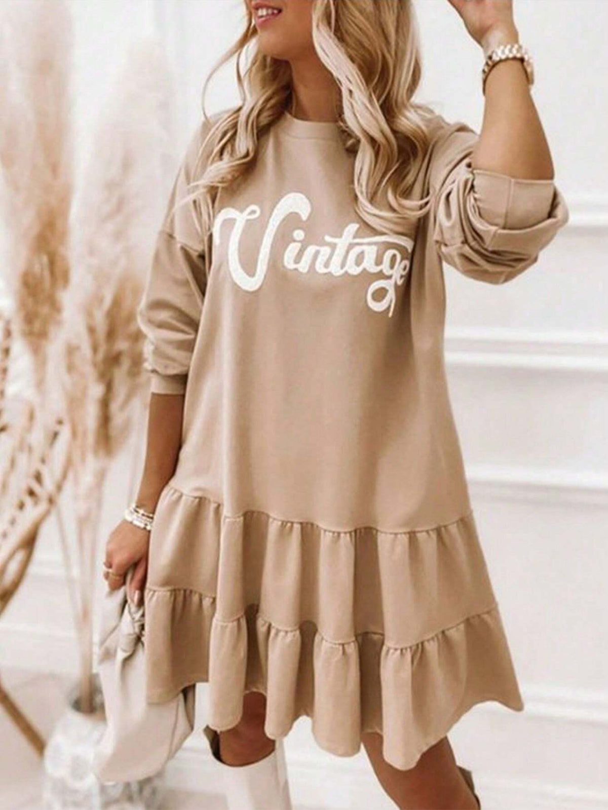 Women's Casual Loose Letter Print Ruffle Edge Long Sleeve Pullover Dress, Spring/Autumn
