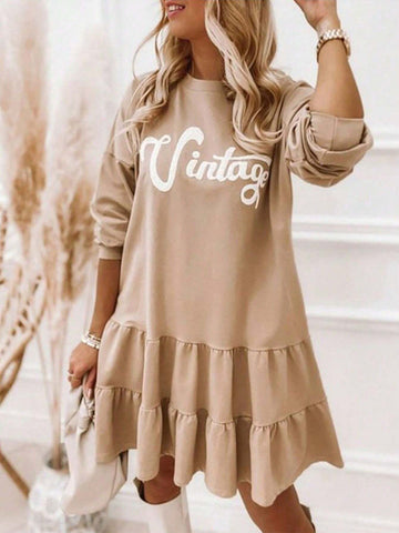 Women's Casual Loose Letter Print Ruffle Edge Long Sleeve Pullover Dress, Spring/Autumn