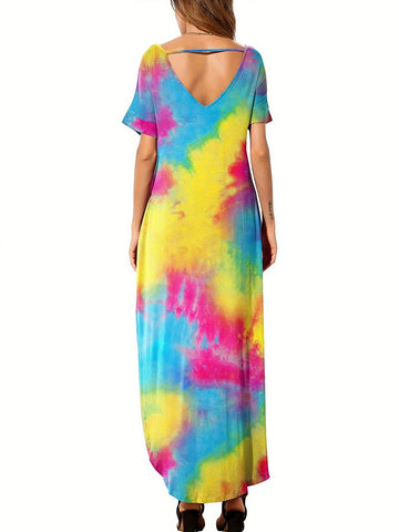 Women's Casual Loose Tie Dye Sleeveless Maxi Dress With Hollow Out Back, Hidden Pockets And Side Slit