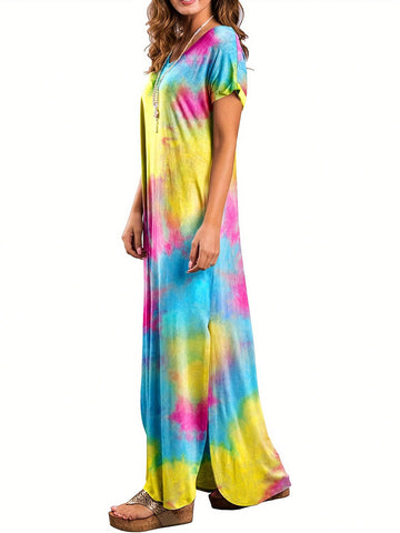 Women's Casual Loose Tie Dye Sleeveless Maxi Dress With Hollow Out Back, Hidden Pockets And Side Slit